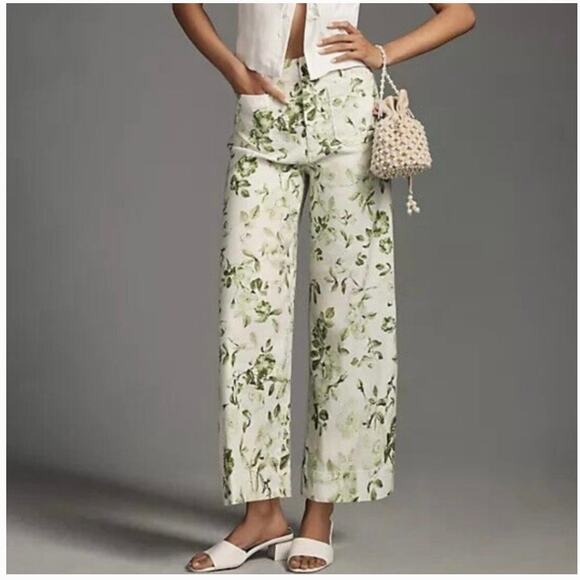 Maeve Anthropologie Colette Crop Linen Wide Leg Pants Green Floral Size 34 - Picture 1 of 8